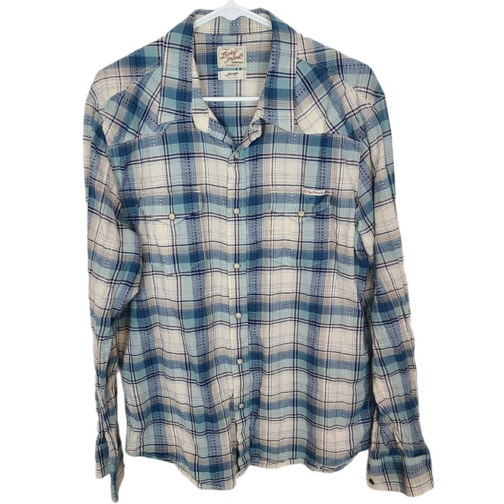 Lucky Brand Mens L Blue Plaid Long Sleeves Snap Front Western Shirt Pockets